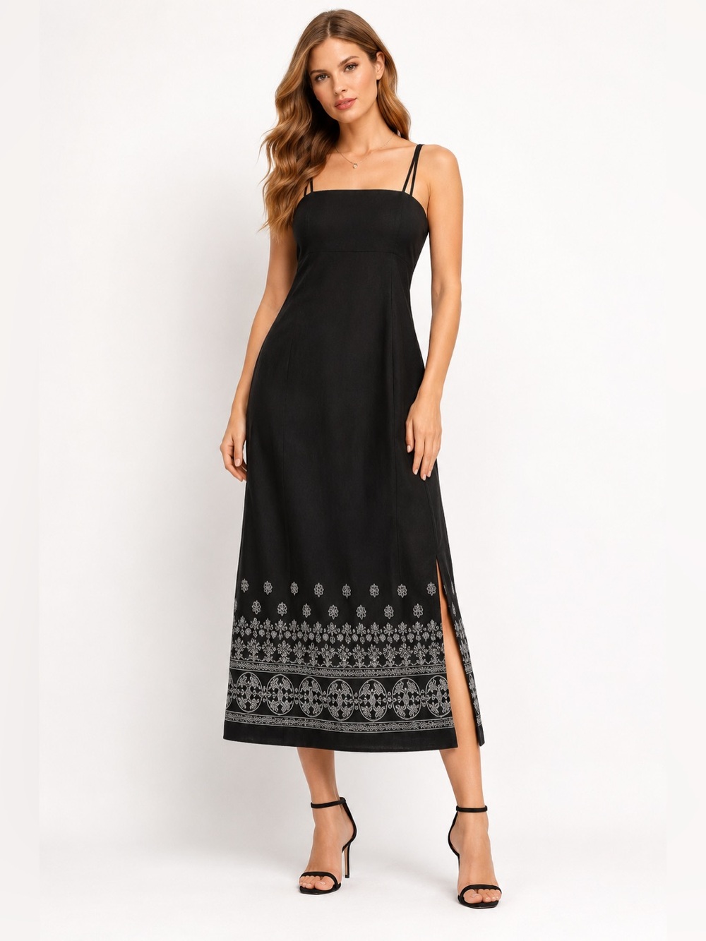 Guess Strapless Black Midi Dress Embroidered Hem Slit NWT Small